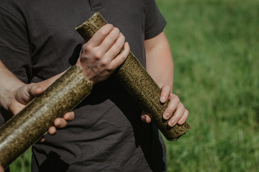 Porky's Luzerne Knabberstange in der Hand